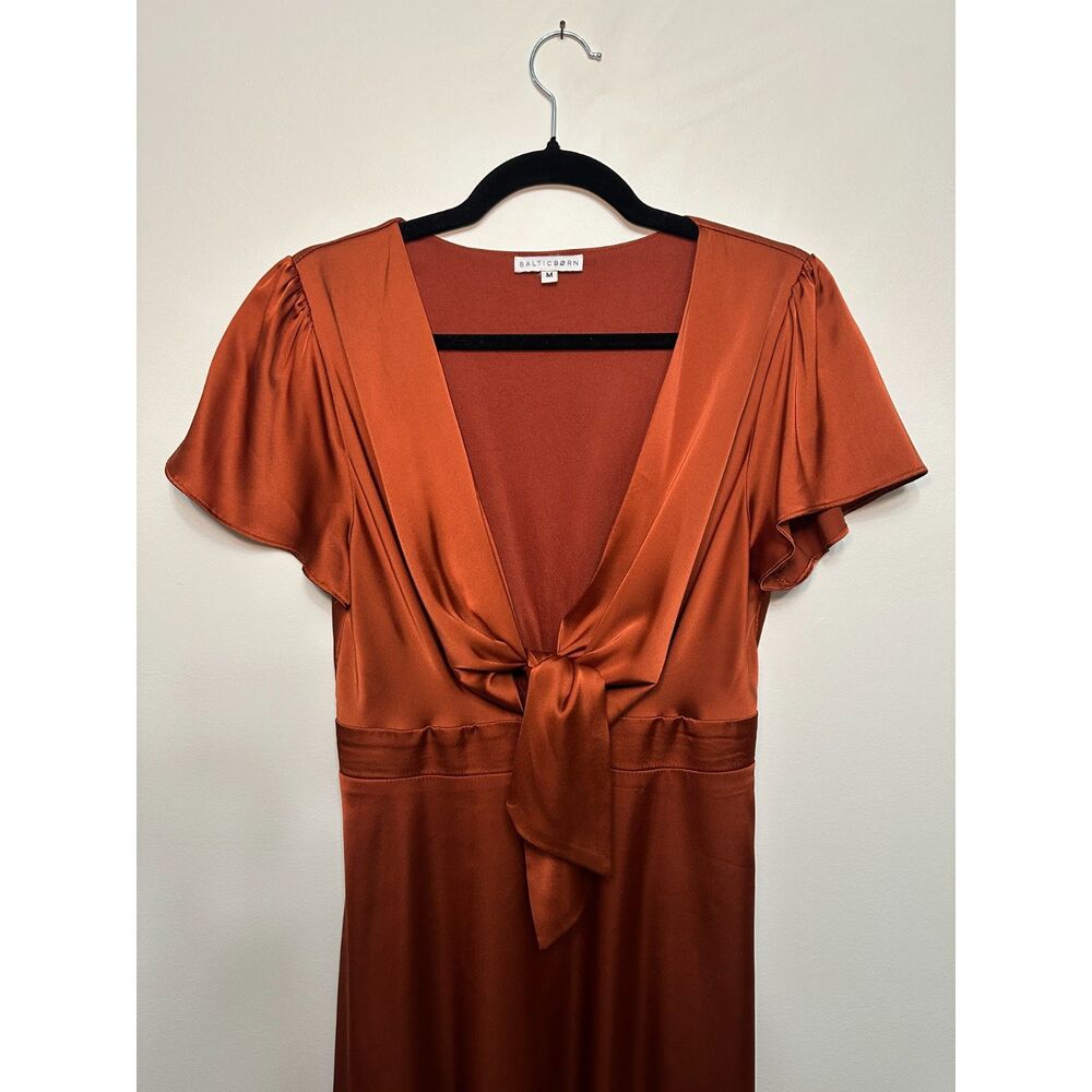 Baltic Born Rust Poppy Satin Midi Dress M Tie Front Flutter Sleeve Evening - Picture 2 of 12